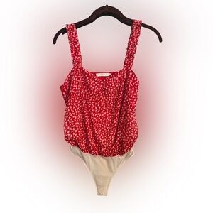 Lush Women’s Sleeveless Tank Bodysuit Red And Cream Vines Ruffle Strap Size Sm